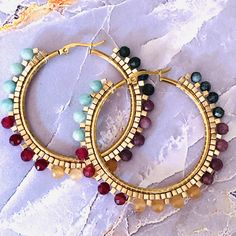 Handmade Gemstone Large Hoop Earrings Sunstone Ruby Lepidolite Gems by WorkofHeart on Etsy Round Natural Stones Beaded Earrings As Gift, Round Beaded Earrings With Natural Stones As Gift, Bohemian Gemstone Beaded Earrings As Gift, Gemstone Beaded Dangle Earrings For Jewelry Making, Gemstone Beads Dangle Earrings For Jewelry Making, Dangle Beaded Earrings With Gemstone Beads For Jewelry Making, Gold Beaded Earrings With Natural Stones, Gold Earrings With Gemstone Beads, Round Beads Earrings For Jewelry Making