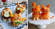 two pictures side by side, one with fake food in the shape of animals