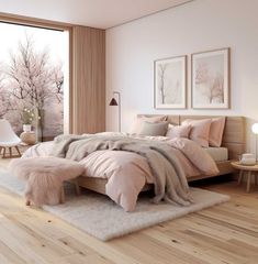 a large bed sitting in a bedroom on top of a hard wood floor next to a window