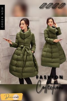 New Women Winter Down Jackets Warm Long Slim Coat and Jacket Female Big Swing Women Snow Outwear Khaki Long Sleeve Winter Puffer Jacket, Khaki Long-sleeve Puffer Jacket For Cold Weather, Fitted Khaki Outerwear With Stand Collar, Khaki Long Sleeve Winter Outerwear, Winter Khaki Puffer Jacket, Khaki Winter Puffer Jacket, Green Winter Outerwear For Work, Green Outerwear For Workwear In Winter, Green Winter Workwear Outerwear