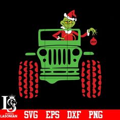 the grin driving a green jeep with a christmas ornament on it