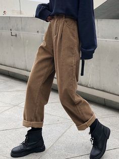 Corduroy Pants Women, Cords Pants, Womens Wide Leg Pants, Business Casual Outfits For Women, Korean Casual, Brown Pants, Straight Trousers, 가을 패션, Women Pants Casual