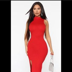 Brand New Long Tight Size Small Red High Neck Mini Dress For Night Out, Red Stretch Midi Dress For Night Out, Casual Red Maxi Dress For Night Out, Red High Neck Bodycon Dress For Party, High Neck Red Bodycon Party Dress, Red Maxi Dress For Club, Red High Neck Dress For Date Night, Red Sleeveless Midi Dress For Club, Chic Red Bodycon Dress For Date Night