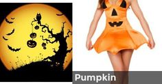 a woman in a pumpkin costume next to an image of a full moon with bats