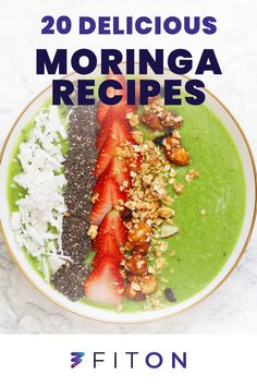 a green smoothie with strawberries and nuts on top, in front of the words 20 delicious morning recipes