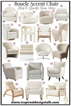 the different types of chairs and couches for living room or bedroom in white with text overlay that says, boucle accent chair