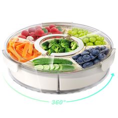 an image of a food tray with different fruits and vegetables in it on a white background