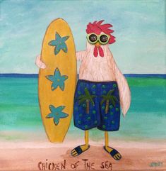 a painting of a chicken on the beach holding a surfboard and wearing goggles