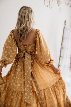 The Fable Dress - Mustard Daisy – Flutter Dress Mustard Yellow Long Dress, Orange Flower Dress, Yellow Long Dress, The Fable, Mustard Dress, Not Now, Mustard Dressing, Flutter Dress, Dress Rental