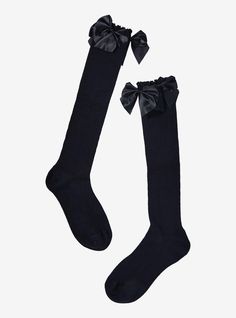 Finish your look up with some pretty bows! These black crew socks have lettuce trim up top and multiple black satin bows all around. Socks Y2k, Black Crew Socks, Right Arrow Icon, Black Bows, 12th Grade, Black Socks, Graduation Outfit, Long Socks, Girls Socks