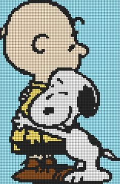 a cross stitch pattern with a cartoon character hugging a snoopy dog on it's chest