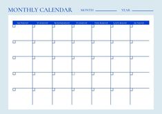 a blue and white printable calendar with the month on it's front page