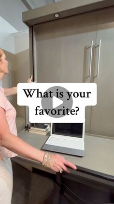 a woman pointing at a microwave with the words what is your favorite?