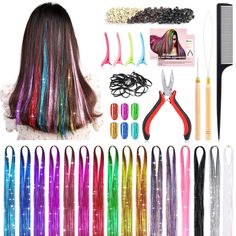 PRICES MAY VARY. 【What You Get? 】16 colors hair extension tinsel set, 3200 strands of hair extensions, 200 strands in each color, 1*crochet hook, 1*tweezers, 1*threader, 300pcs two-color micro silicone ring beads (brown*100, Beige*100,black*100), 4*plastic alligator hair clips (random color), 1*Instruction Manual,1*black pointed comb, 1*storage bag, 1 pack of black rubber bands.(Different package options contain different products and number of accessories,Please select the kit you need carefull Fairy Hair Tinsel, Tinsel Hair Extensions, Tinsel Hair, Holographic Hair, Black Rubber Bands, Hair Extension Tools, Colors Hair, Hair Tinsel, Straight Hair Extensions