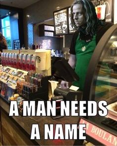 a man standing in front of a counter with food on it and the caption reads, a man needs a name