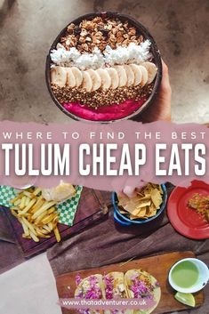 the words where to find the best tulmm cheap eats? are overlaid with food