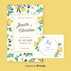 two wedding cards with yellow flowers on the front and back, one has a white envelope