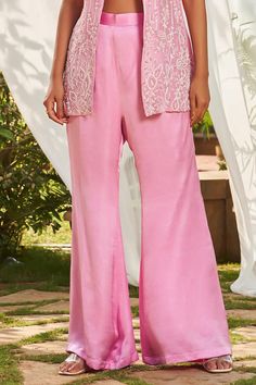 Pink jacket with sequin and cutdana floral embroidery. Paired with a padded blouse and pant. - Aza Fashions Silk Fitted Pants For Eid, Fitted Silk Pants For Eid, Elegant Pink Pants For Eid, Spring Silk Designer Pant Set, Festive Floral Embroidery Pant Set With Straight Pants, Embroidered Pants For Summer Wedding, Elegant Spring Festive Sharara, Festive Floral Embroidery Straight Pant Set, Silk Palazzo Set With Floral Embroidery