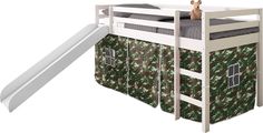 there is a bunk bed with a slide on the bottom and a camouflage print cover