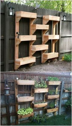 an outdoor shelf made out of pallets with plants growing on top and below it