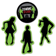 three zombie stickers are shown in black and green, with the silhouettes of zombies