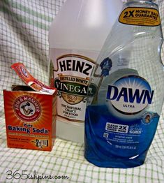 the contents of a dishwasher detergent, baking soda and honey on a checkered cloth