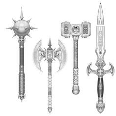 four different types of swords with designs on the handles and sides, all in various shapes and sizes