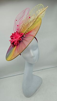 This unique and stunning multicolored piece is sure to turn heads with any outfit. Pink with hot pink feathers on a burgundy base. Secured by a black headband.  This will be a great way to add elegance to any,  bridesmaid,  rehearsal dinner,  Wedding guest,  cocktail party, or church outfit. - Ready to ship  - Lightweight - Fast shipping - Customize by adding different color flowers and or feathers Check my store for for styles and colors.  etsy.com/shop/hatsandpearls Find more at my website: Www.hatsandpearls.com  reach out to me if you can't find what you are looking for.  I can make cake custom orders and help you style and match your outfit Adjustable Headpieces For Summer Carnival, Summer Party Fascinator With Feather Trim, Summer Party Feather Trim Fascinator, Adjustable Pink Carnival Hat, Adjustable Pink Costume Hat For Carnival, Pink Adjustable Costume Hat For Carnival, Summer Party Feather Headpieces, Summer Party Headpiece With Feathers, Summer Party Headpieces With Feathers