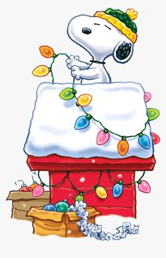 snoopy on top of a christmas house with lights and garlands, transparent background