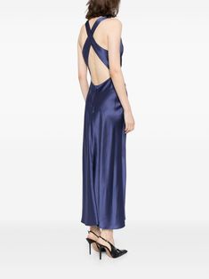 The Reformation Cassete Draped Silk Dress features a cowl neck, draped detailing, and criss-cross straps at the back. It is made of silk satin weave. Draped Silk Dress, Silk Satin, Silk Dress, Cowl Neck, Blue Dresses, Sustainability, Satin, Silk, Blue