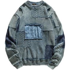 ABOORUN Men’s Vintage Twisted Sweater Knitwear Original Crew Neck Patchwork Pullover for Winter Crew Neck Patchwork Sweatshirt, Winter Patchwork Crew Neck Sweatshirt, Blue Patchwork Sweater For Winter, Spring Cotton Knitted Sweatshirt, Blue Patchwork Crew Neck Sweater, Blue Patchwork Sweater For Fall, Knitted Cotton Crew Neck Outerwear, Cozy Patchwork Crew Neck Tops, Cotton Knitted Long Sleeve Sweatshirt