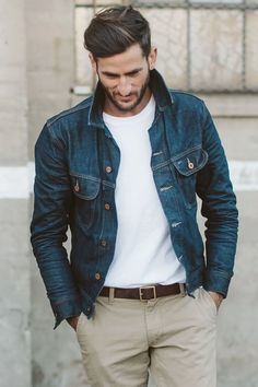 Blue Denim Jacket Outfit, Blue Jean Jacket Outfits, Jean Jacket Outfits Men, Denim Jacket With Jeans, Denim Jacket Men Outfit, Kemeja Denim, Denim Outfit Men, Dark Blue Denim Jacket