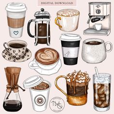 coffee and espresso drinks are featured in this digital clip art