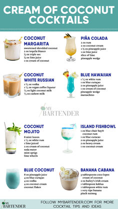 Cream of Coconut Cocktails Coconut Milk Cocktail, Breakfast Beverages, Coconut Cocktails, Cream Cocktails, Coconut Rum Drinks, Cream Of Coconut, Creamy Cocktails