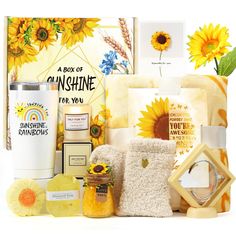 the sunflowers are on display in front of an assortment of products and decorations