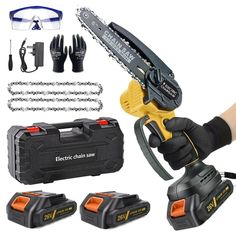 the electric chain saw is set up with tools