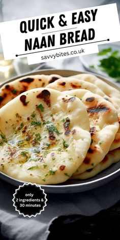 an image of quick and easy naan bread on a plate with text overlay