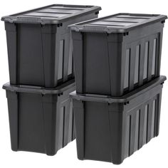 three black plastic storage bins with lids on each side and the lid is closed