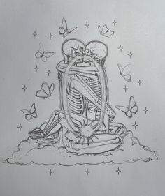 a drawing of a skeleton sitting on top of a cloud with butterflies flying around it