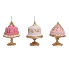 Set Of 3 Pink Decorated Cakes On Gold Base Ornaments, Tiny Gold Fork And Spoon Attached To Each One!! Approx 5" Tall Each Cake Resin Nutcracker Sweet Shoppe Collection A Sweet And Sassy Addition To Your Home Decor This Holiday Season. From Whimsical Pink Cupcakes To Candy-Topped Trees, Each Collectible Figurine And Ornament Is Dripping With Sugary Style. Sprinkle Some Christmas Magic With These Must-Have Decorations That Are Perfect For Any Holiday Decor. Choose From A Variety Of Nutcrackers, Ca Pink Cakes, Gold Pedestal, Candy Castle, Nutcracker Sweet, Pink Cupcakes, Pink Cake, Christmas Ornament Sets, Ornaments Design, Christmas Cake