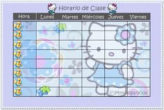 a calendar with hello kitty on it and flowers around the edges, in front of a purple background