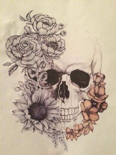 a drawing of a skull with flowers on it