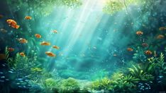 an underwater scene with fish in the water and sunlight shining through the trees to the bottom