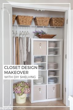 closet design makeover with diy shelving and baskets on the shelves for storage