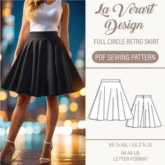 a woman wearing a white top and black skirt, with the text la verart design full circle retro skirt sewing pattern