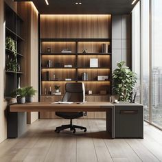 an office with wooden walls and flooring is pictured in this image, there are plants on the desk