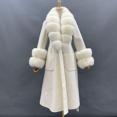 Color: cream white, Size: S (bust 90 cm/ 35.43in) Style Anglais, Longline Coat, Office Fashion Women, England Fashion, Winter Coats, Cashmere Coat, Real Fur, Classy Women, Fur Collar