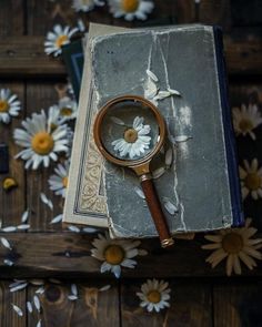 a magnifying glass sitting on top of an old book with daisies around it