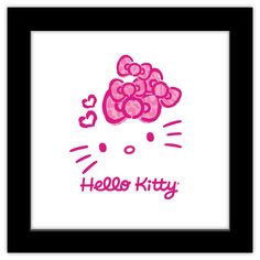 the hello kitty logo is shown in pink and black framed art print on a white background