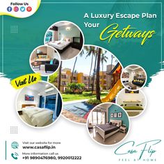 a flyer for a luxury escape plan with pictures of rooms and furniture in the background